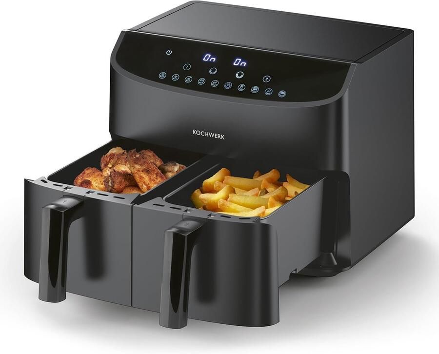 SnelShoppen Heteluchtfriteuse met Dubbele Kamer 7L Digitale Roestvrijstalen Airfryer met Touchscreen 10 Voorgeprogrammeerde Kookprogramma's Ve