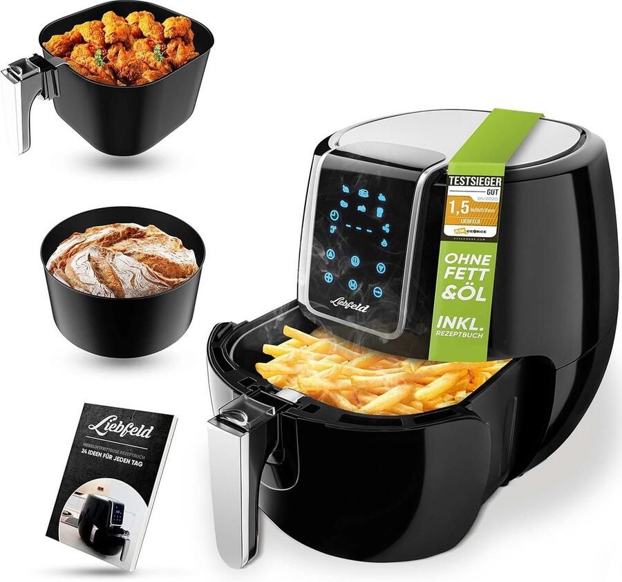 SnelShoppen Heteluchtfriteuse set 1800 W met broodmand I Airfryer XXL zonder vet en olie voor gezonde snacks koken frituren grillen bakken in de