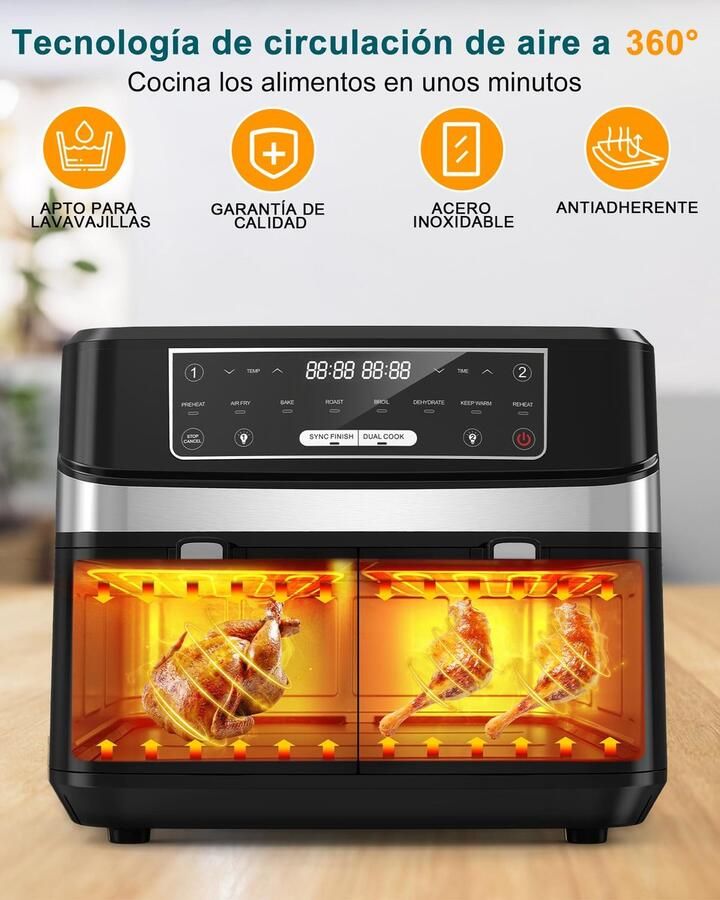 SnelShoppen Heteluchtfriteuse XXL 10L met Kijkvenster Dubbele Airfryer 8-in-1 Touchscreen Gezond en Vetarm Koken voor Keuken Feest en Meer