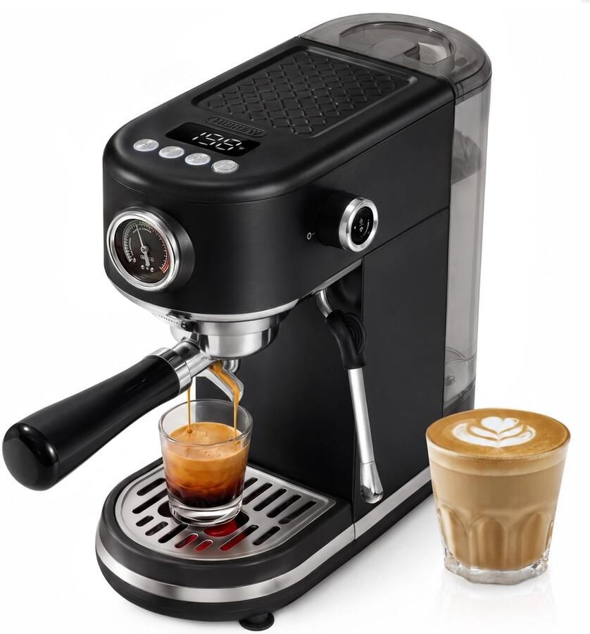 SnelShoppen HIBREW H10B Espressomachine Programmeerbaar met Led-Display Manometer RVS Zwart Perfect voor Koffieliefhebbers in Keuken Thuis Kan