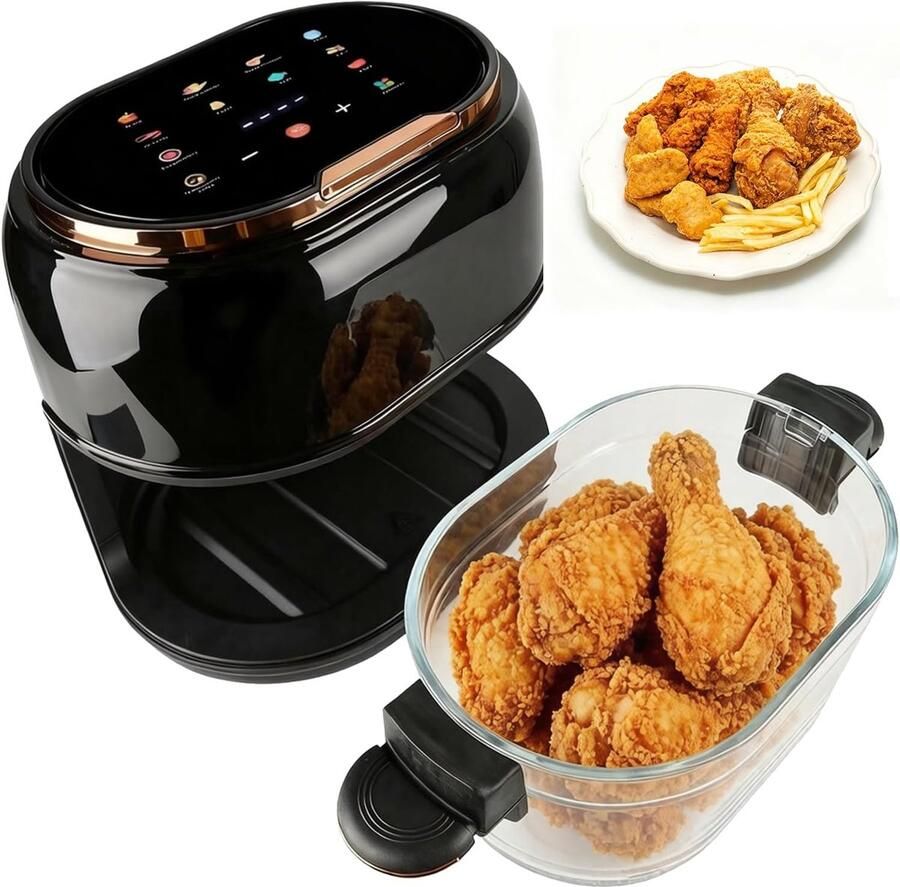 SnelShoppen Hot Air Fryer 5L 1350W Multifunctionele Airfryer met Touch Screen 9-in-1 Glazen Mand 8 Slimme Programma's en 24-Uur Timer voor Koke