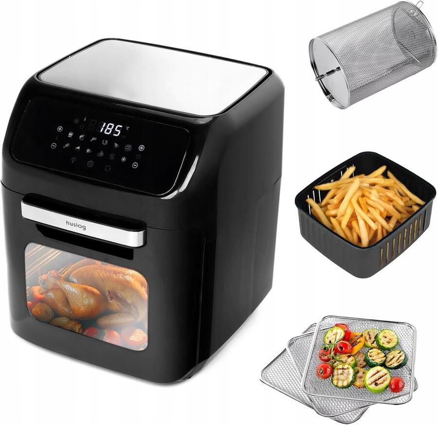 SnelShoppen Hot Air Fryer XXL 12L 1800W Airfryer & Mini Oven 12 Kookprogramma's LED Touchscreen Kijkvenster Draaitafel & Spies Gezond Ve