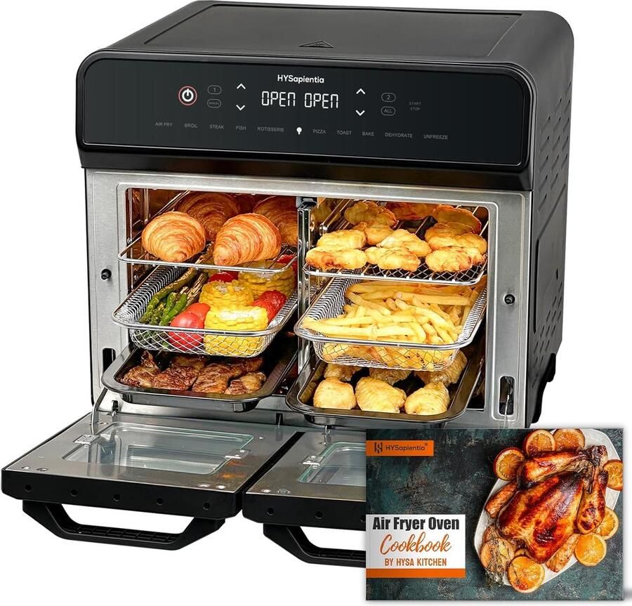 SnelShoppen HYSapientia 22 Liter Oven Airfryer met Dubbele Mand 2400 W RVS 10 Functies Twee Temperatuurzones Rotisserie Ideaal voor Keuken en