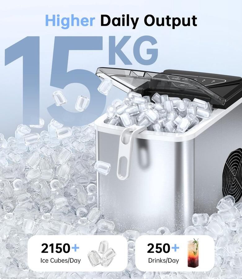 SnelShoppen Ijsblokjesmachine 15KG 24Uur 6 Mins Snel Ijs 2L Watertank Draagbare Zelfreinigende IJsblokjesmaker Voor Feestjes Thuis Camper Incl