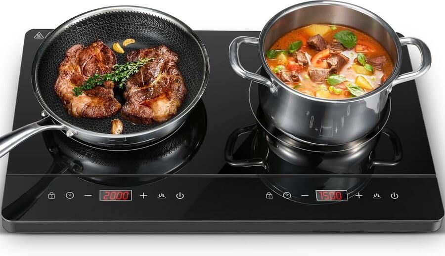 SnelShoppen Inductiekookplaat 2 Vlammen 3500W Touch-Bediening 10 Temperatuurinstellingen Timer 1-99 min Kinderbeveiliging voor Keuken en Campin