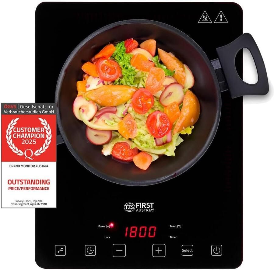 SnelShoppen Inductiekookplaat 2000W Ultra-Dunne Digitale Kookplaat met Aanraaksensor Kristalglas Ø 260mm Ideaal voor Camping Kantoor en Thu