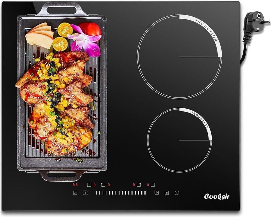 SnelShoppen Inductiekookplaat 4 Pits met Stekker Ingebouwd 59 cm 3500 W Combinatiezone voor Grill Slider Touch Control Zwart Keramisch Glas