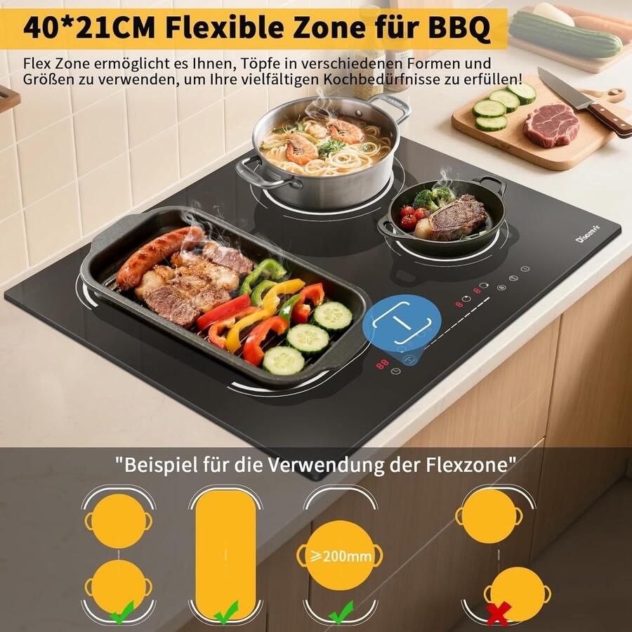 SnelShoppen Inductiekookplaat 4 Platen 60 cm Zelfvoorzienend Flexibel Kookplaat Inductie met 9 Standen Boost-Isolatiefunctie Timer Anti-Touch-Fu