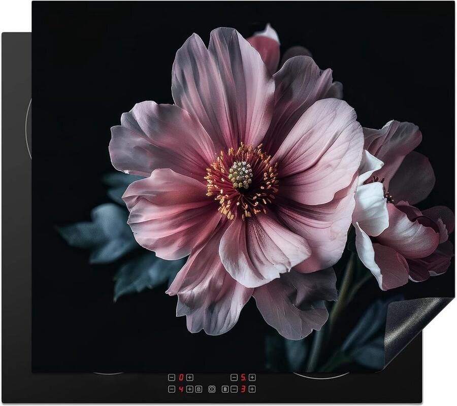 SnelShoppen Inductiekookplaat Beschermer 59x52cm Decoratieve Kookplaat Deksel Antislip Mat Bloemen Roze Botanisch Zwart Natuur Keuke