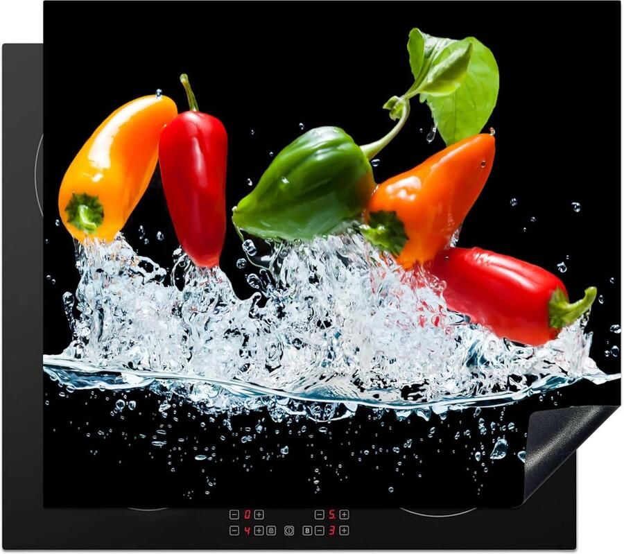 SnelShoppen Inductiekookplaat Beschermer 59x52cm Keuken Decoratie Kookplaat Deksel Antislip Mat met Peper Print Zwart Groenten Waterdichte