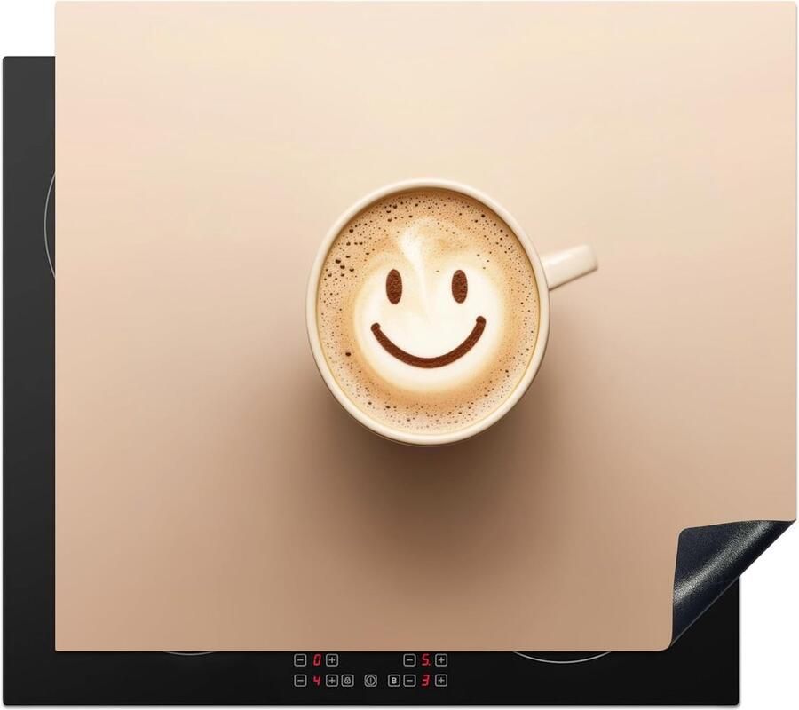 SnelShoppen Inductiekookplaat Beschermer 60x52cm Beige Antislip Mat met Koffie en Melk Schuim Print Keuken Decoratie en Bescherming voor Inducti
