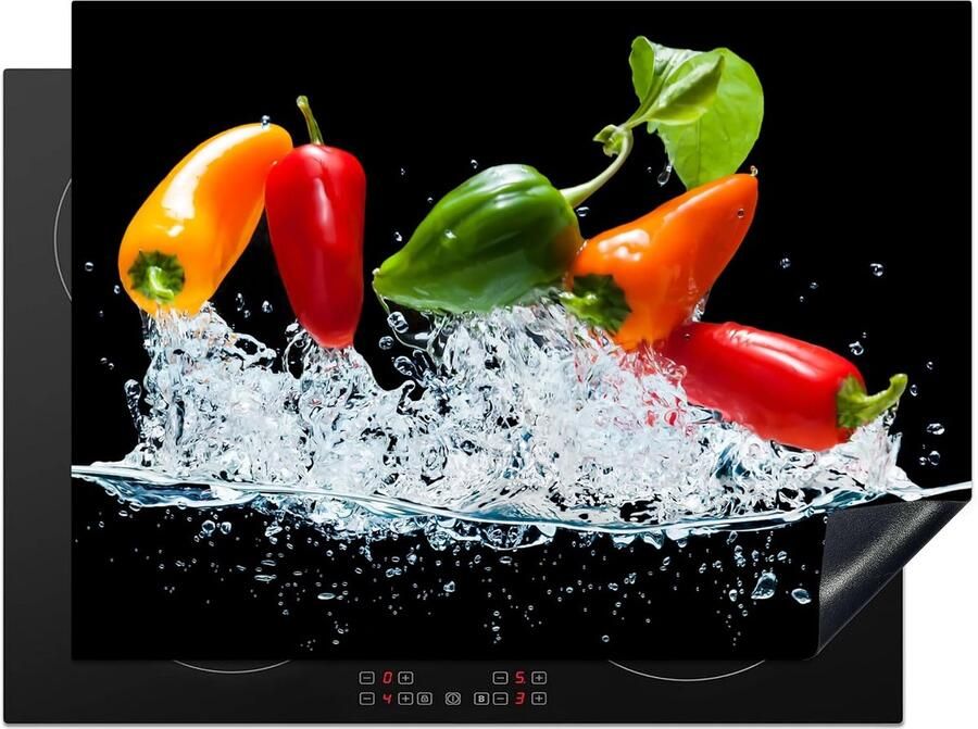 SnelShoppen Inductiekookplaat Beschermer 71x52cm Antislip Mat voor Inductiekookplaat Keuken Decoratie met Peper en Groenten Zwart Ideaal voo