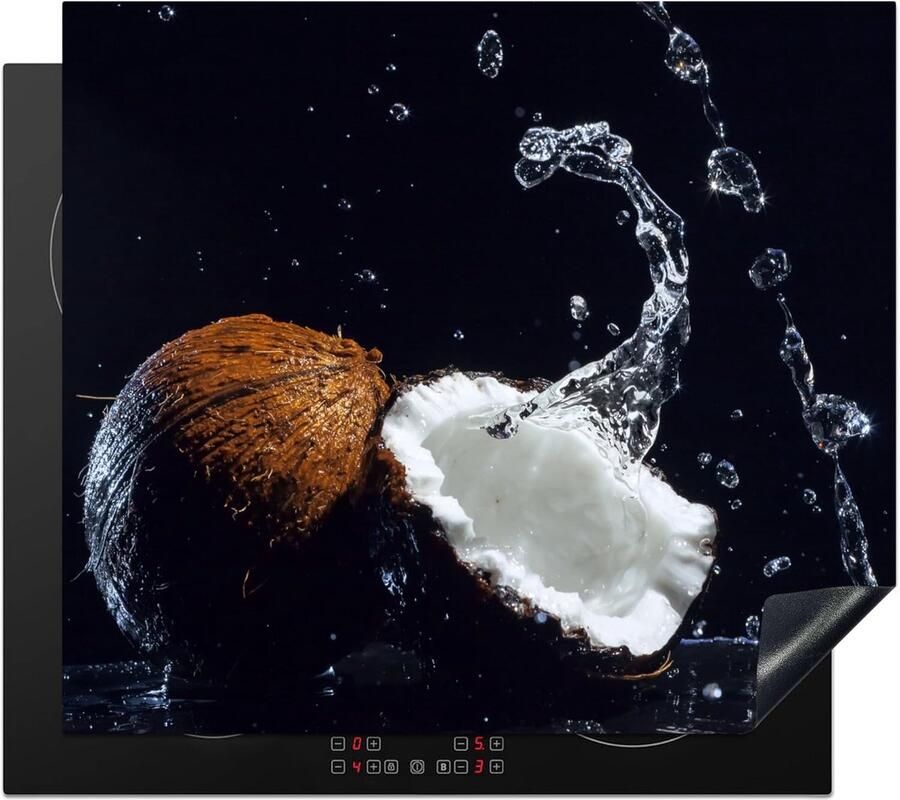 SnelShoppen Inductiekookplaat Bescherming 59x52cm Unieke Foto Print Antislip Mat Kokosnoot Stilleven Water Zwart Fruit Keuken Decora