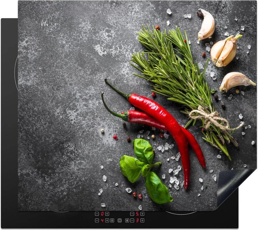 SnelShoppen Inductiekookplaat Bescherming 60x52cm Antislip Mat met Uniek Foto Print Peper Kruiden Specerijen Keuken Decoratie