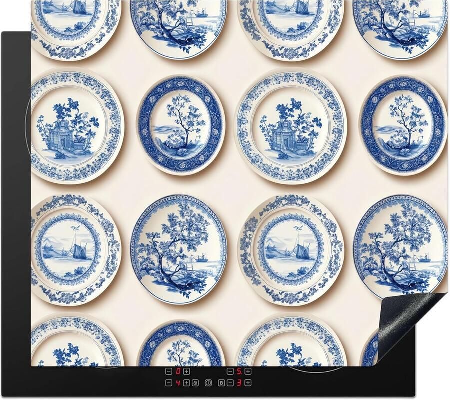 SnelShoppen Inductiekookplaat Bescherming 60x52cm Keuken Decoratie Antislip Mat Borden Bomen Planten Blauw Voor Inductiekookplaat