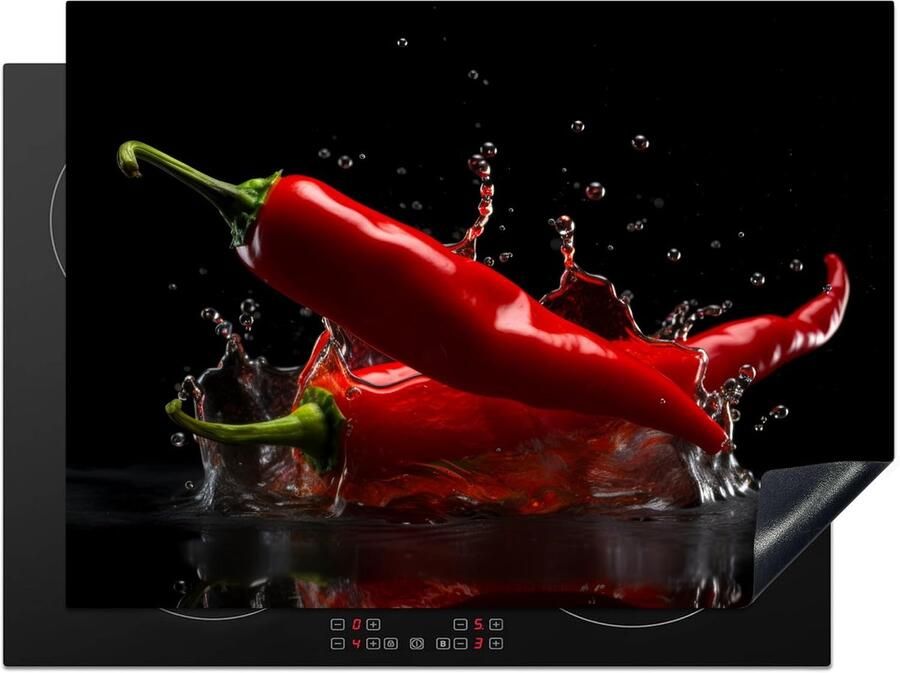 SnelShoppen Inductiekookplaat Bescherming 71x52cm Antislip Mat voor Inductiekoker Unieke Fotoprint Peper Rood Zwart Water en Groente Dec