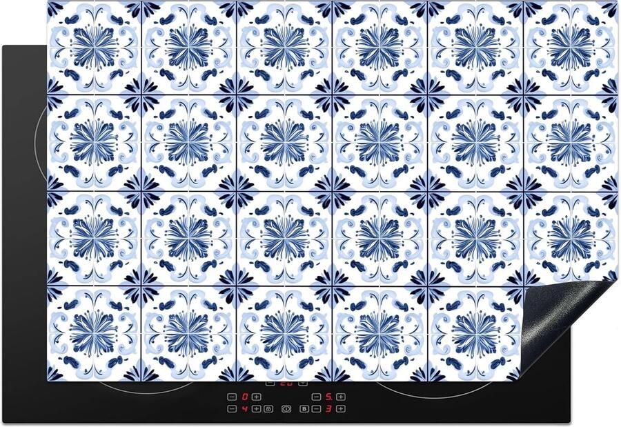 SnelShoppen Inductiekookplaat Bescherming 78x52cm Antislip Mat Keuken Decoratie Blauw Tegelpatroon Ideaal voor Modern & Traditioneel