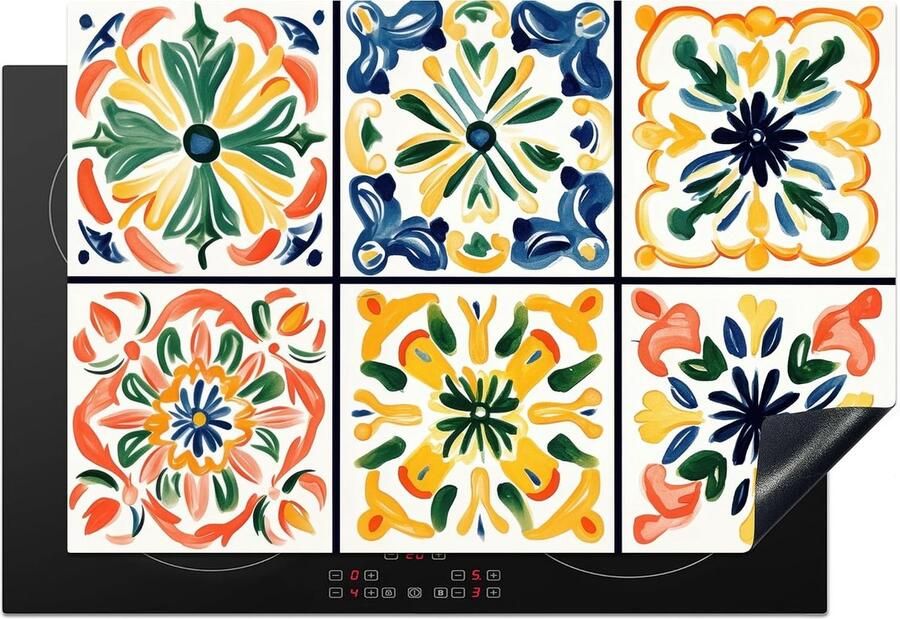 SnelShoppen Inductiekookplaat Bescherming 78x52cm Antislip Mat voor Inductiekookplaat Keuken Decoratie Spaanse Tegels Bloemen Keramiek