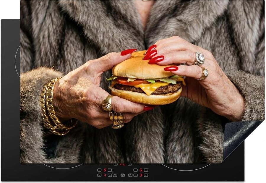 SnelShoppen Inductiekookplaat Bescherming 78x52cm Keuken Decoratie Antislip Mat Hamburger Design Vuur Coat Ideaal voor Feest en Dagelijks Ge