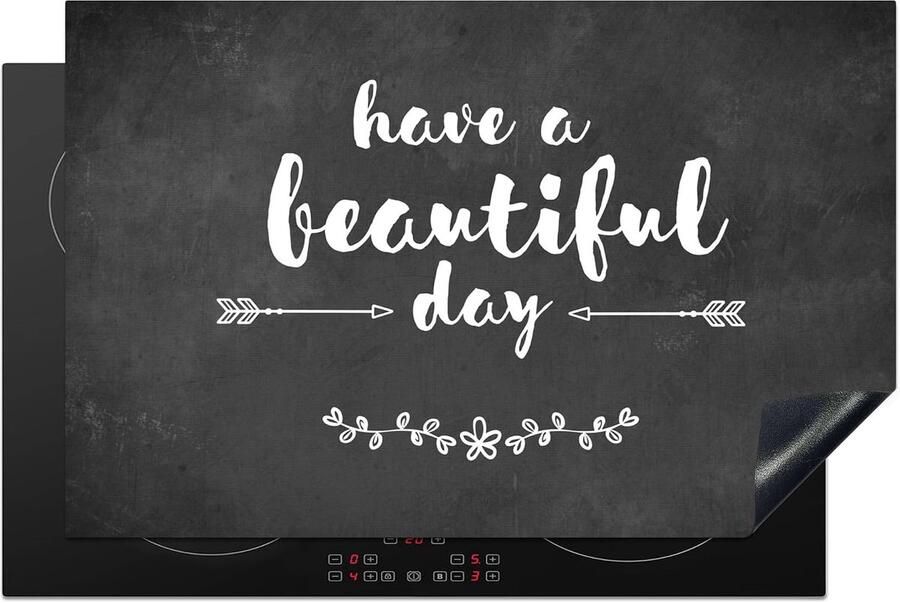 SnelShoppen Inductiekookplaat Bescherming 80x52cm Keuken Decoratie Antislip Mat Unieke Quote 'Have a beautiful day' Grijs Wit Ideaal voor Mo