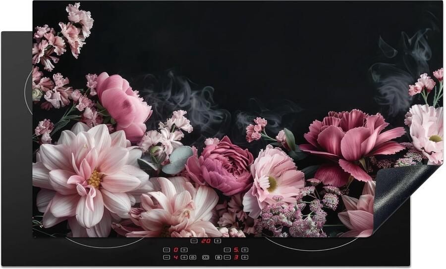 SnelShoppen Inductiekookplaat Bescherming 90x52cm Antislip Dekplaat met Bloemen Roze Natuur en Zwart Keuken Decoratie voor Inductiekookplaat
