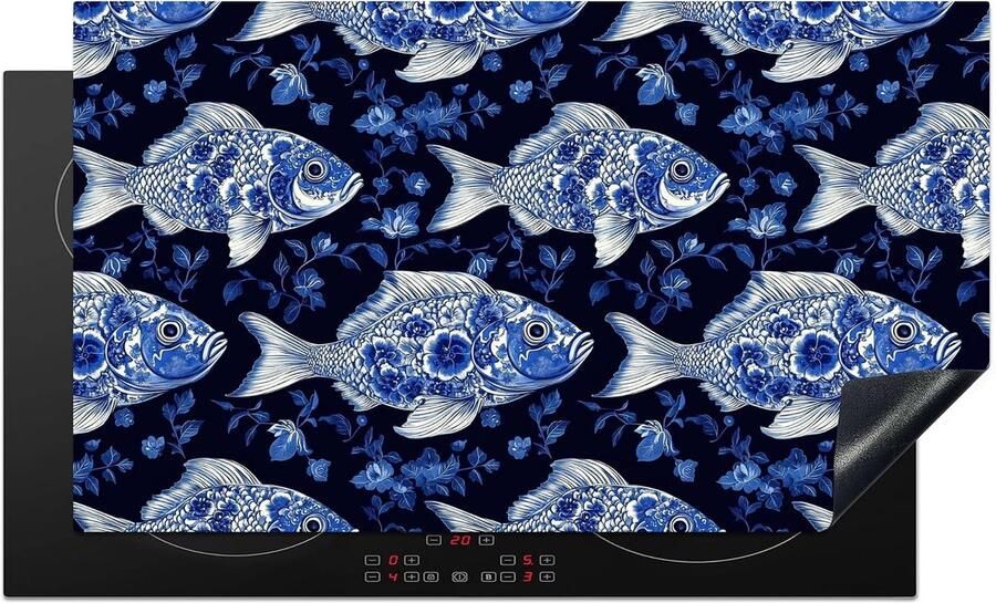 SnelShoppen Inductiekookplaat Bescherming 90x52cm Antislip Mat met Vrolijke Vissen en Bloemen Keuken Decoratie voor Inductiekookplaat Ideaal v