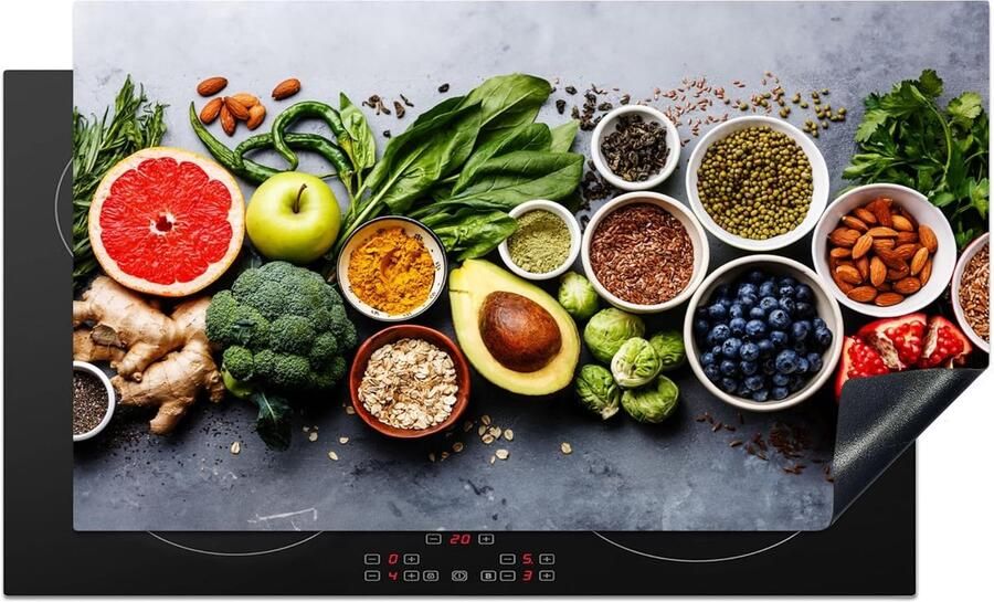 SnelShoppen Inductiekookplaat Bescherming 90x52cm Keuken Decoratie Antislip Mat met Fruit en Groente Design Ideaal voor Inductiekookplaten