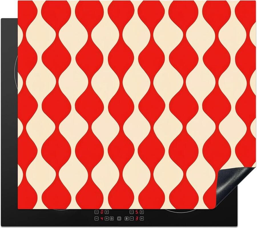 SnelShoppen Inductiekookplaat Beschermmat 60x52cm Retro Wavy Design Rood-Beige Antislip Keuken Accessoire Kookplaat Deksel voor Bescherming