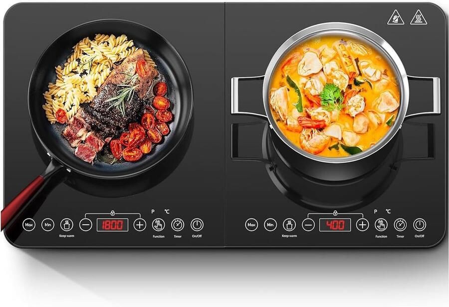 SnelShoppen Inductiekookplaat Dubbel Draagbaar met Sensor Touch Control en Kristallen Glasplaat 3500 Watt Timer Functie Geschikt voor Keuken Fe
