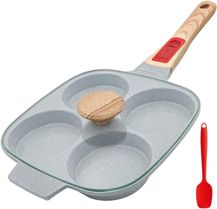 SnelShoppen Keramische Eipannetje 4-Kops met Deksel Antiaanbaklaag Losse Handgreep Omeletpan Geschikt voor Inductie Blauw
