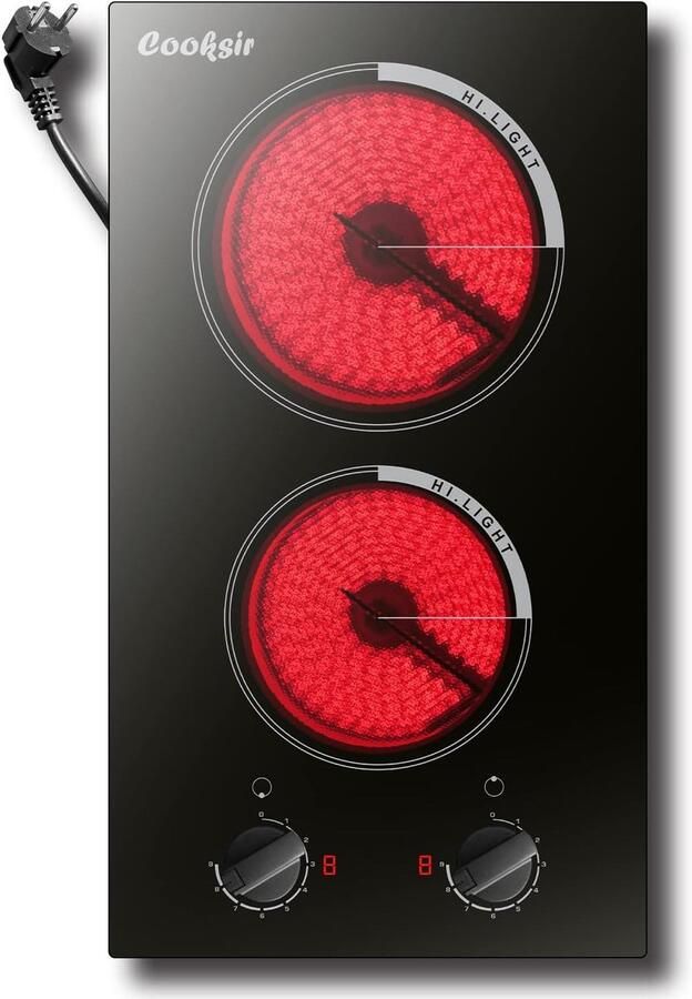 SnelShoppen Keramische Kookplaat 2 Pits 30 cm Domino Inbouwkookplaat 3000W 9 Vermogensstanden Met Plug voor Keuken Camping en Feestjes