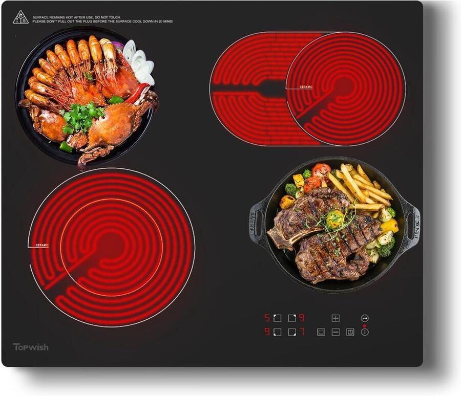 SnelShoppen Keramische kookplaat 4 platen met ovale zone 6600W elektrisch kooktoestel voor keuken feest camping zwart