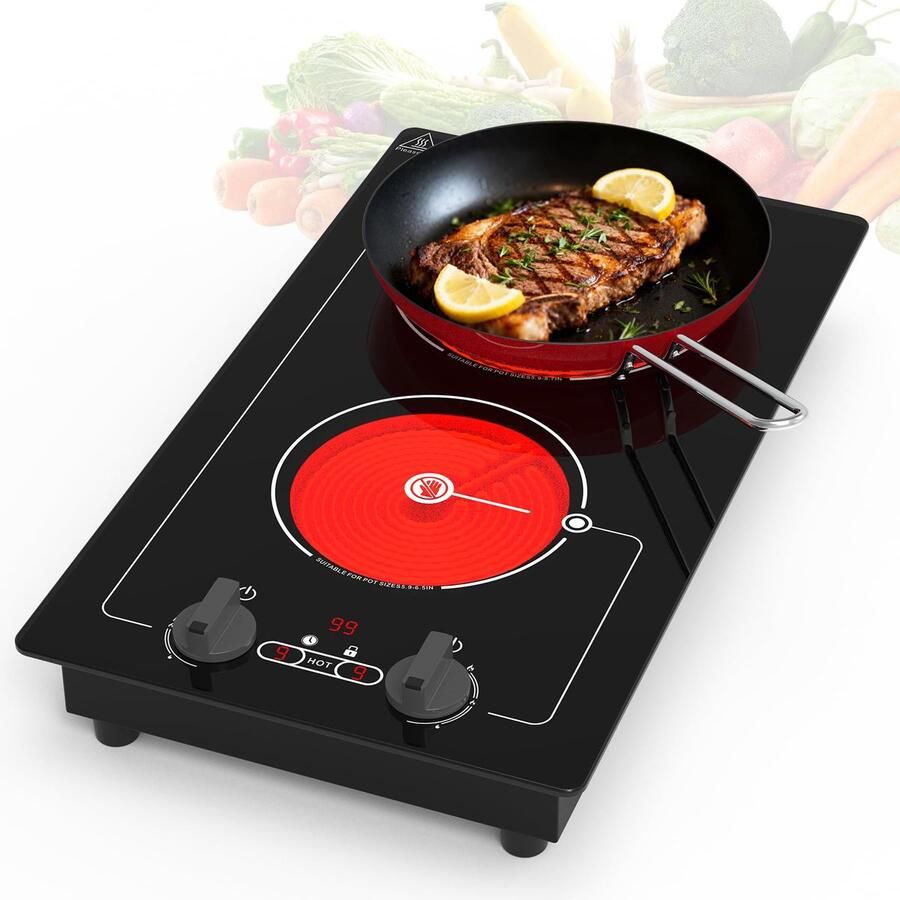 SnelShoppen Keramische Kookplaat met 2 Branders 220V 3000W Elektrische Kookplaat met 9 Niveaus Kinderbeveiliging Timer Perfect voor Keuken F
