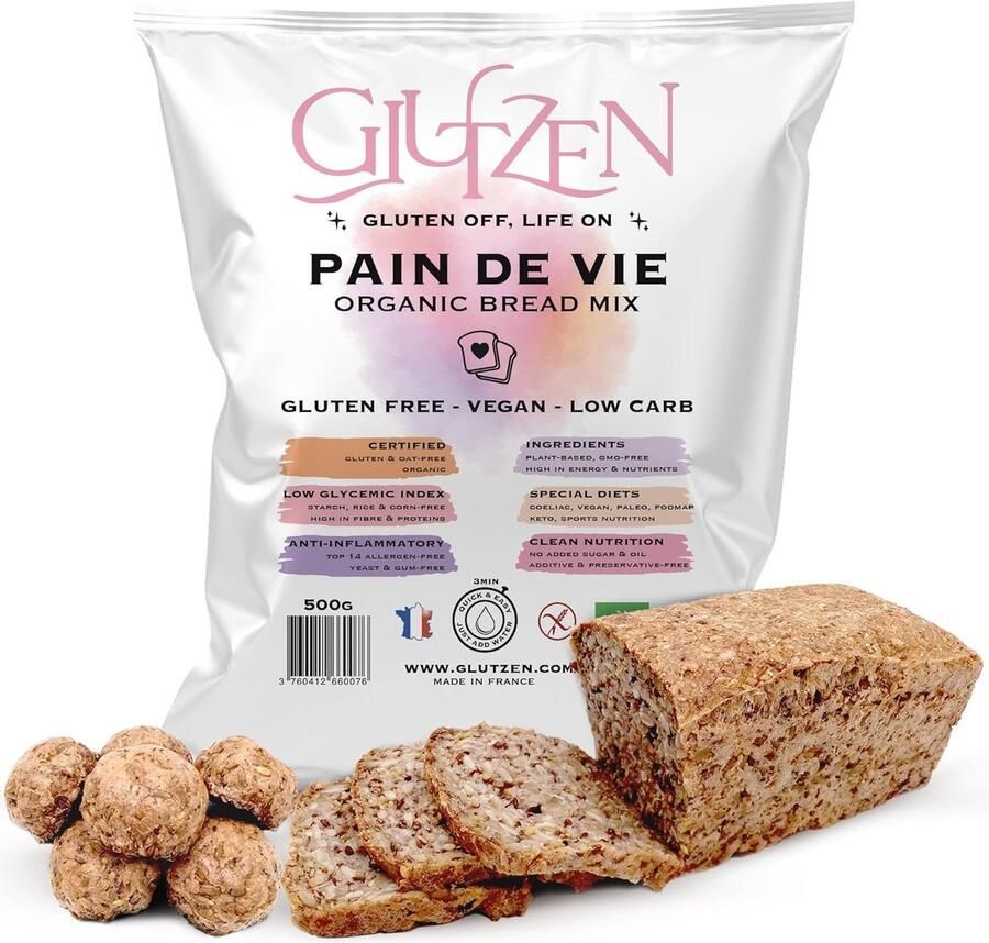 SnelShoppen Keto Broodmix Glutenvrij Biologisch GLUTZEN Zaadbrood Laag GI Laag-koolhydraat Rijk aan Vezels Zonder Kneden Zonder Broodbakmachin