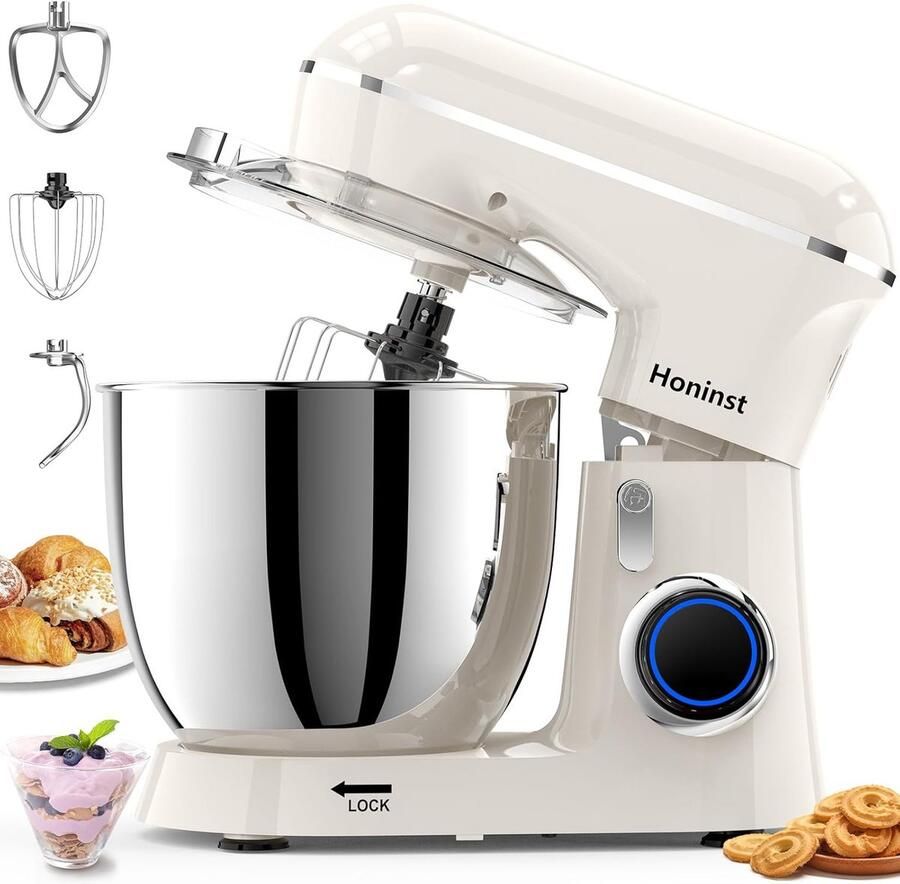 SnelShoppen Keukenmachine 1400 W Kneedmachine met 6 L Roestvrijstalen Kom 10+ P-niveaus Deegmachine voor Baktijd Wit inclusief Garde en Spatbes