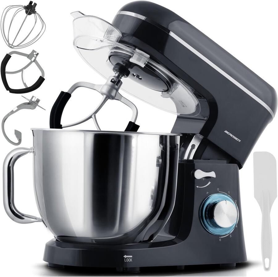 SnelShoppen Keukenmachine 1400W Multifunctionele Mixer met Roestvrijstalen Kom 6L 6 Snelheden Zwart Zilver Ideaal voor Keuken Feest en Bakk