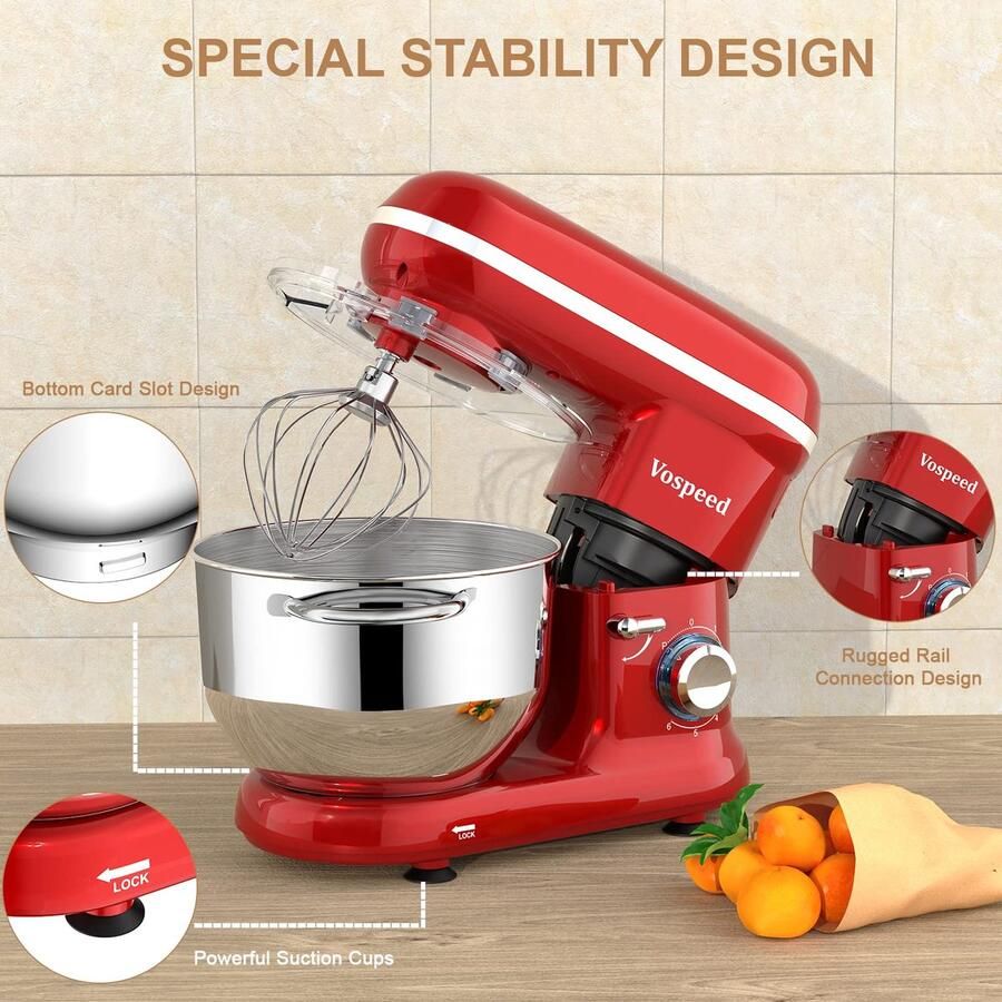 SnelShoppen Keukenmachine Kneedmachine 1500W Elektrische Mixer met 6 2QT Kom 6 Snelheden Klopper Haak Garde en Eierscheider Rood voor Bakken e