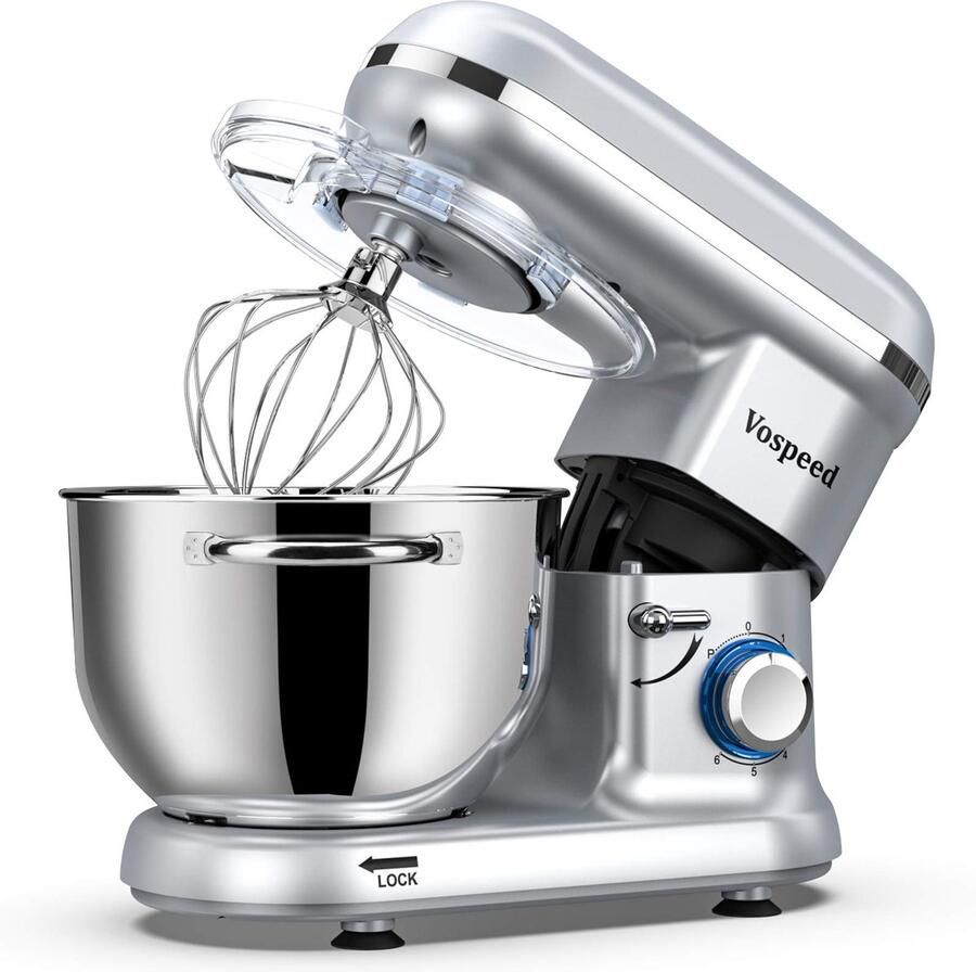 SnelShoppen Keukenmachine Kneedmachine 1500W met 6-snelheden 6 2QT Kom Klopper Haak Garde Eierscheider Zilver voor Bakken en Koken