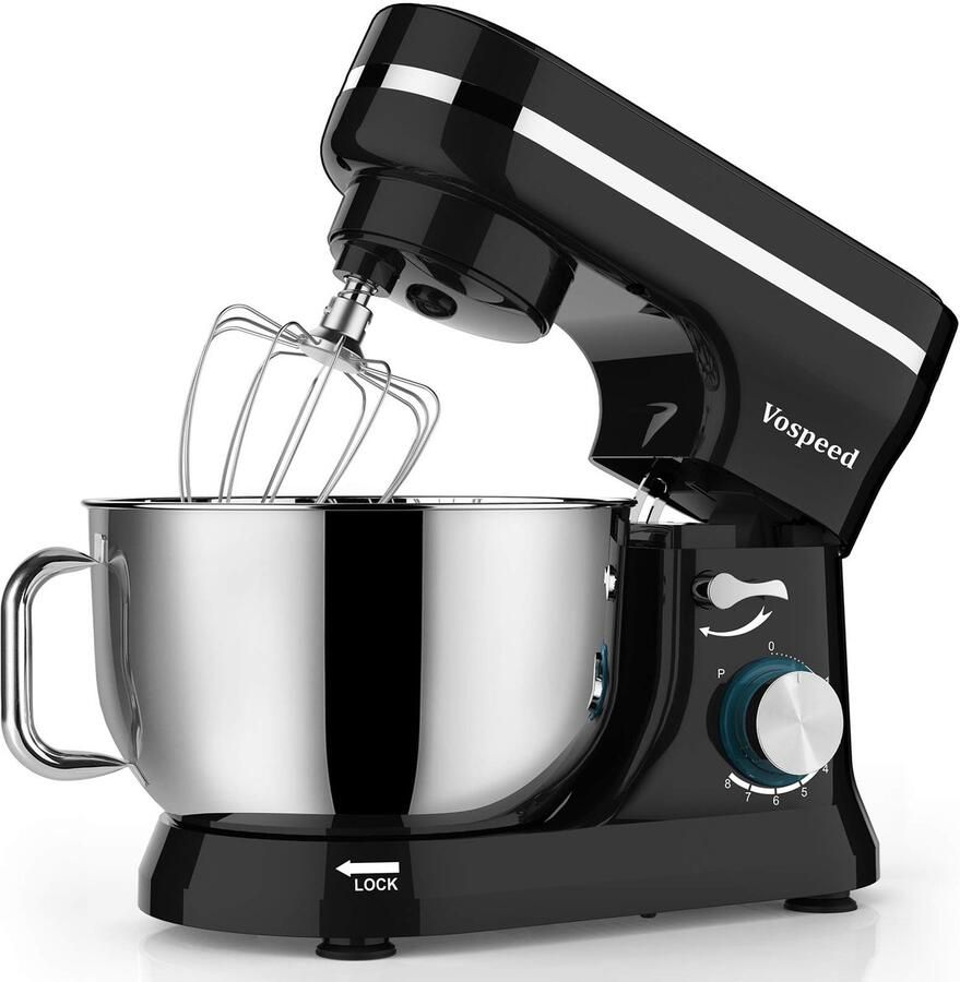 SnelShoppen Kneedmachine 1000W 5QT Keukenmachine met Garde en Deeghaak Roestvrij Stalen Kom Spatdeksel voor Bakken en Koken Zwart