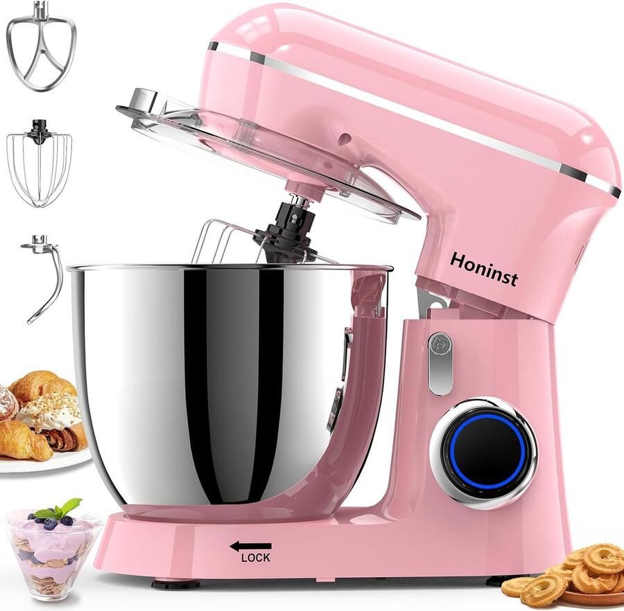 SnelShoppen Kneedmachine 1400 W Deegmachine met 10+ P-niveaus 6L Roestvrijstalen Kom Garde Deeghaak Spatbescherming Roze Keukenmachine voor Ba
