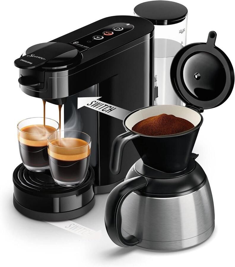 SnelShoppen Koffiezetapparaat 2-in-1 voor Filter- en Padkoffie Thermoskan 1L Waterreservoir 7 Kopjes Zwart Ideaal voor Keuken en Thuisgebruik