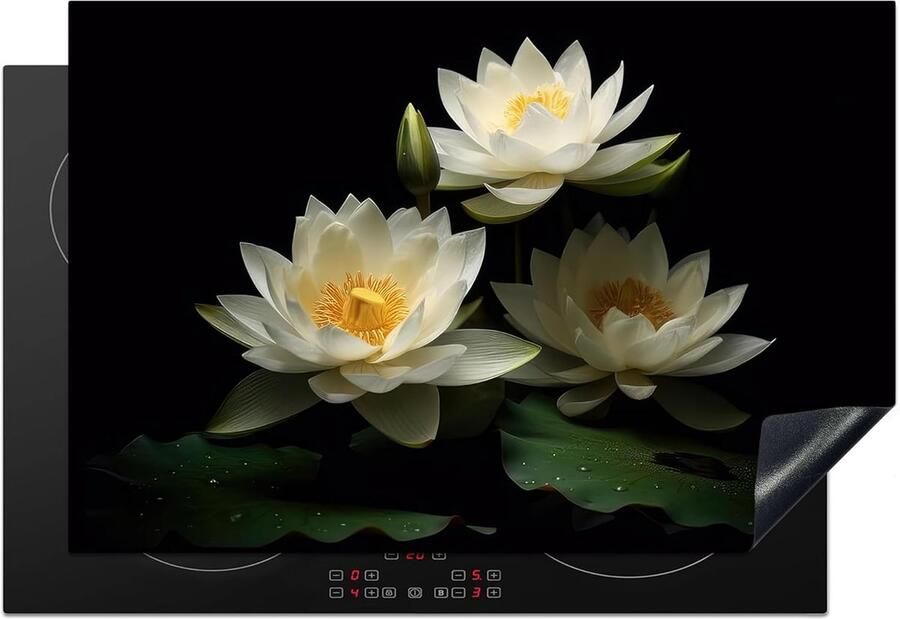 SnelShoppen Kookplaatafdekking Antislip 78x52cm Inductiekookplaat Bescherming Lotus Bloemen Wit Zwart Keuken Decoratie Perfect voor Modern