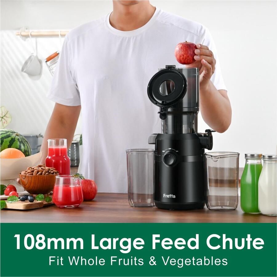 SnelShoppen Koude Pers Sapcentrifuge Fretta Slow-Masticating Sapcentrifuge met 108 mm Invoer 1 0 L Trechter 200 W BPA-vrij Tritan Zwart Voor