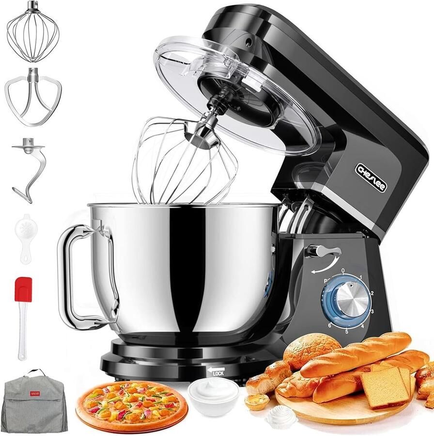 SnelShoppen Krachtige Keukenmachine 2000W 3-in-1 Food Processor met 6 Snelheden 8L RVS Kom Kneedhaak Garde & Spatdeksel voor Perfecte Deegberei