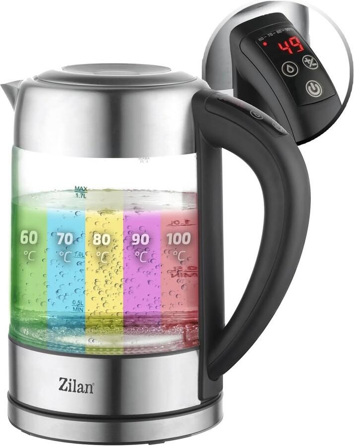 SnelShoppen LED Glazen Waterkoker 1.7L met Digitale Display 5 Instellingen Draadloze Kettle van Borosilicaat Glas 2200W voor Keuken Camping Fee