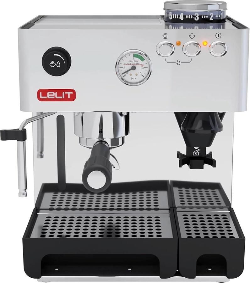 SnelShoppen LELIT Anita Koffiemachine met Ingebouwde Koffiemolen en Melkopschuimer Gepolijst Roestvrij Staal Zilver Voor de Perfecte Koffie in
