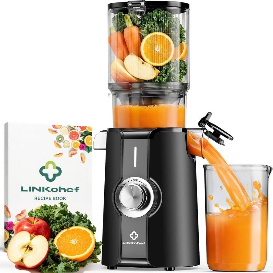 SnelShoppen LINKChef Slow Juicer Fruit en Groente Juicer Testwinnaar 115 mm Invoergrootte BPA-vrij 200 W Zwart Ideaal voor Keuken en Gezonde
