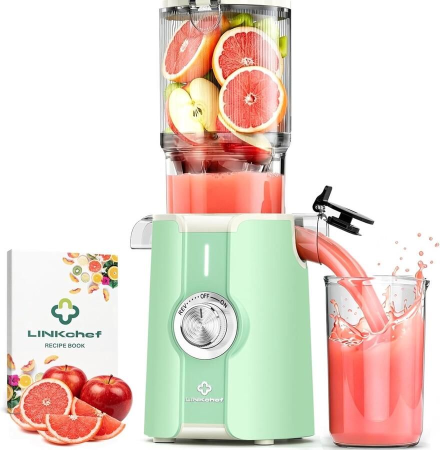 SnelShoppen LINKChef Slow Juicer Fruit en Groente Juicer Testwinnaar 115 mm Whole Fruit Juicer BPA-vrij 200 W Lichtgroen Perfect voor Keuken