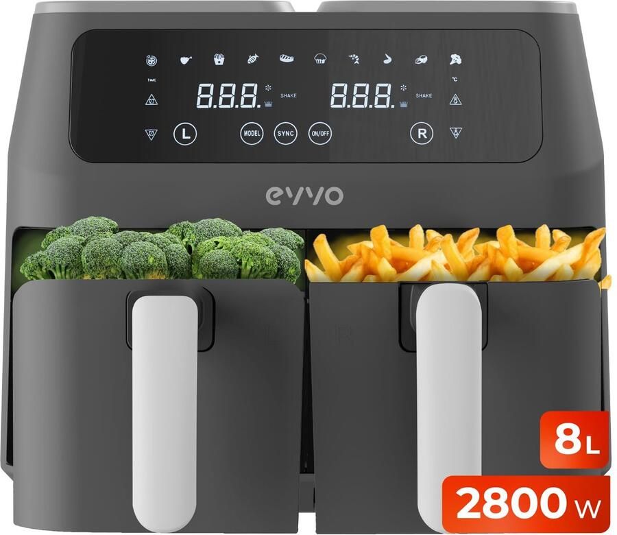 SnelShoppen Luchtfriteuse zonder olie 8L 2800W dubbele mand anti-aanbak dual-cyclone 10 programma's bakken ontdooien tot 200°C zwart ideaa