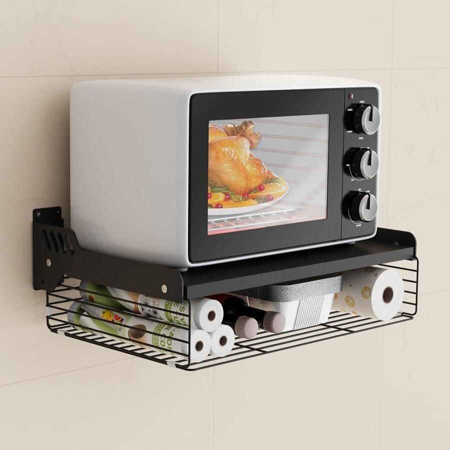 SnelShoppen Magnetron Rek Hangend Magnetron Houder Wandmontage 2 Laags Opbergmand Zwart 55 x 35 x 11 cm Sterk en Duurzaam
